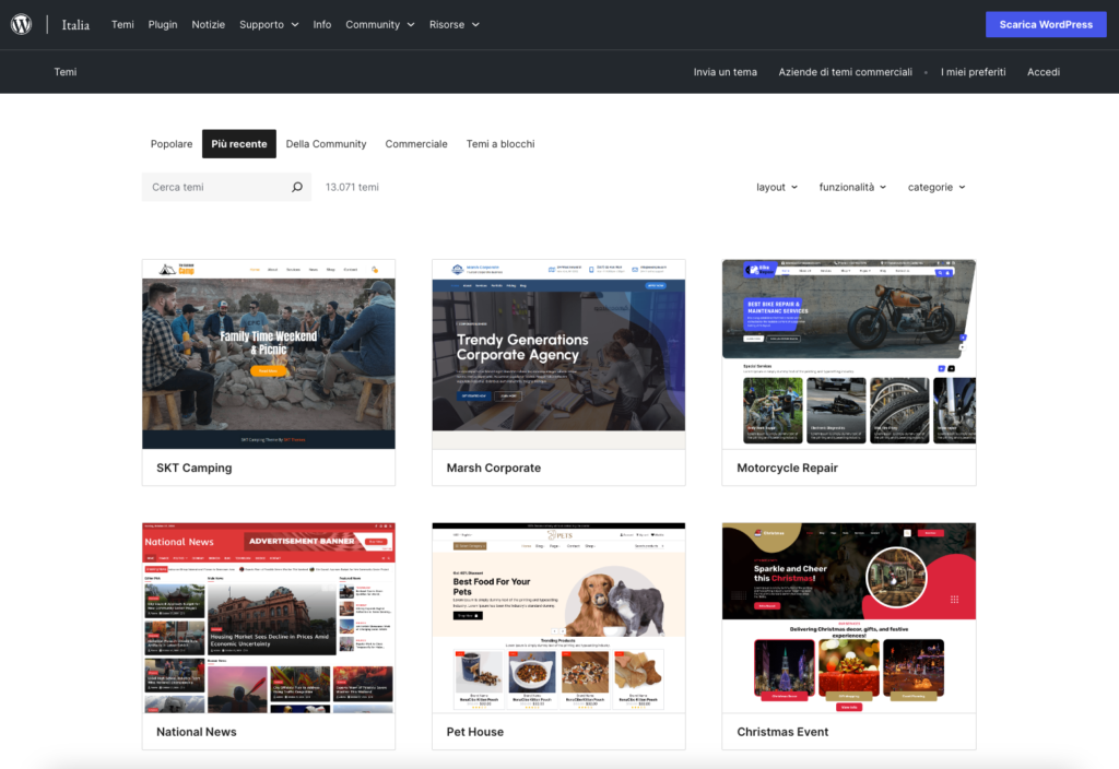 Screenshot dal repository WordPress dei template